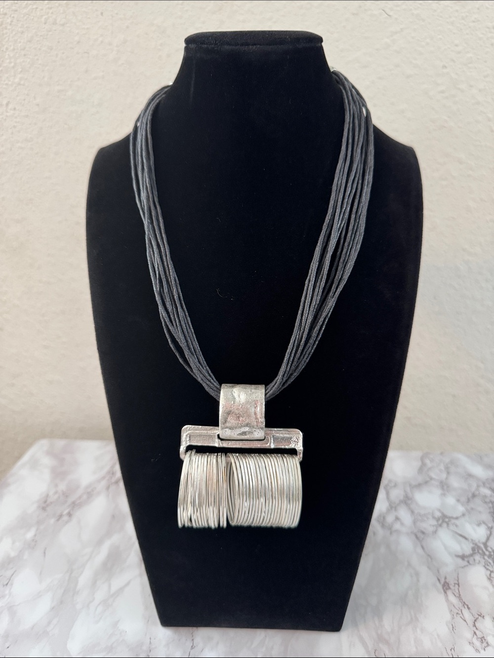 Artsy Silver-Tone Pendant Necklace on Black Multi-Strand Cord